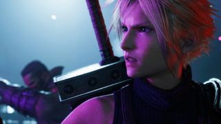 Final Fantasy 7 Rebirth hero Cloud shown against purple light