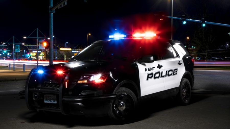 Image: A Kent Police Department vehicle can be seen on a city street....