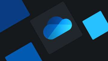 OneDrive logo on a dark background with blue and grey boxes