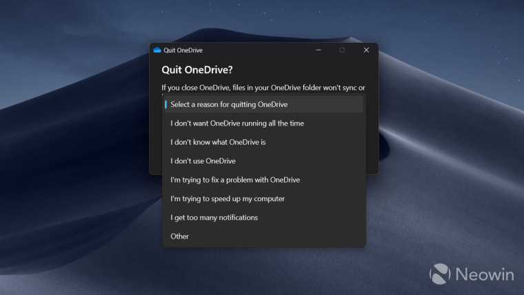 A prompt asking you to explain your decision to quit OneDrive in Windows 11