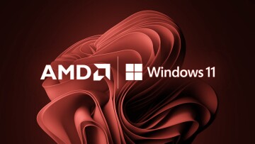 AMD and Windows 11 logos side by side in red