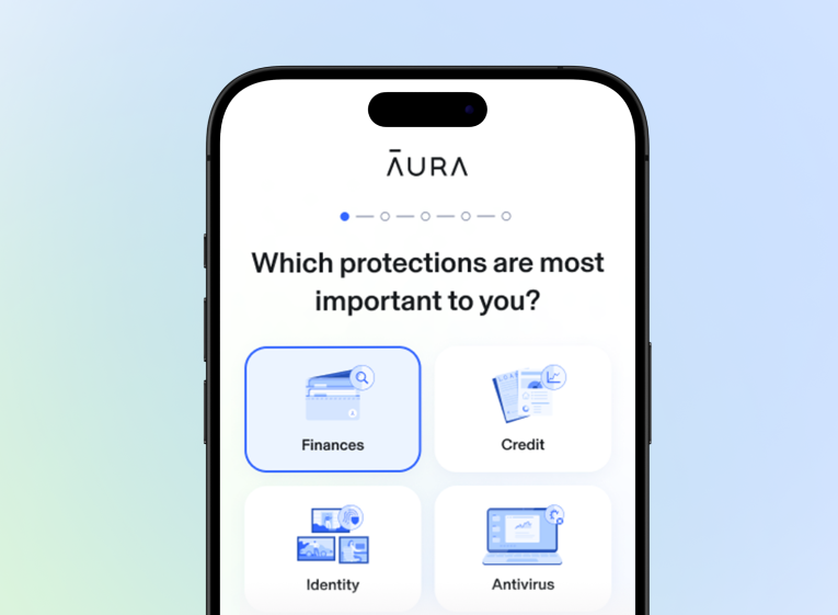 Aura mobile UI: “What protections are most important to you? Finances, Credit, Identity, Antivirus”