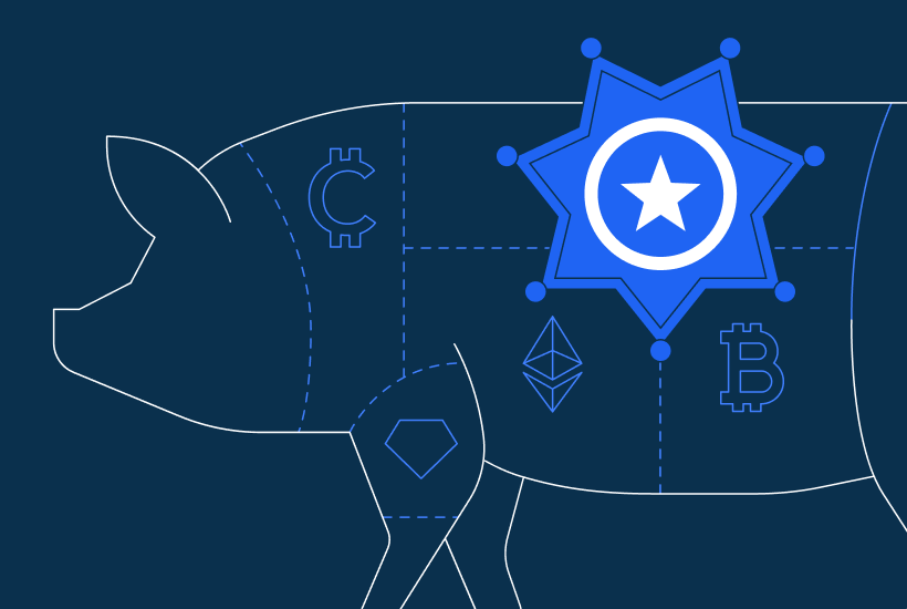 Illustration of a pig butchering chart featuring various cryptocurrency logos in each section, with a bright blue sheriff's badge on top, symbolizing law enforcement's role in combating fraud.