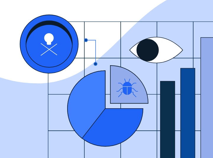 Illustration of an eye, skull and crossbones, and a pie chart on a light blue background, symbolizing the dangers of crypto scams and financial fraud. 