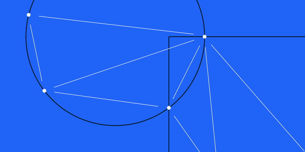 A blue rectangle with geometric shapes in the background and dots connected by thin lines in the foreground, representing connections on the bockchain.