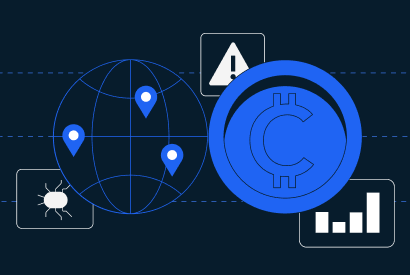 Illustration on a dark blue background showing a bug and exclamation mark (representing illicit activity), a globe with pin points, a coin, and a bar chart.