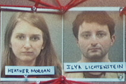 Cork board with mugshots of Heather "Razzlekhan" Morgan and Ilya Lichtenstein, with their names written in handwritten script below their photos, and push pins on the board connected by red string.