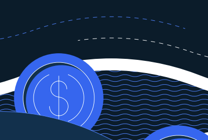 A light blue two dimensional circle (representing a stablecoin) floating against dark blue and white curved lines (representing waves), with thin dotted blue and white lines overhead to represent wind.