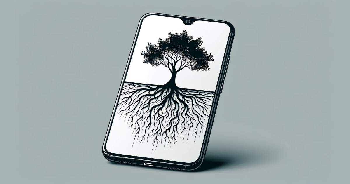 A tree grows with its roots deep in a mobile device