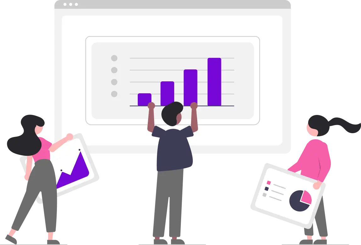 Illustration of people editing data on a whiteboard with graphics.