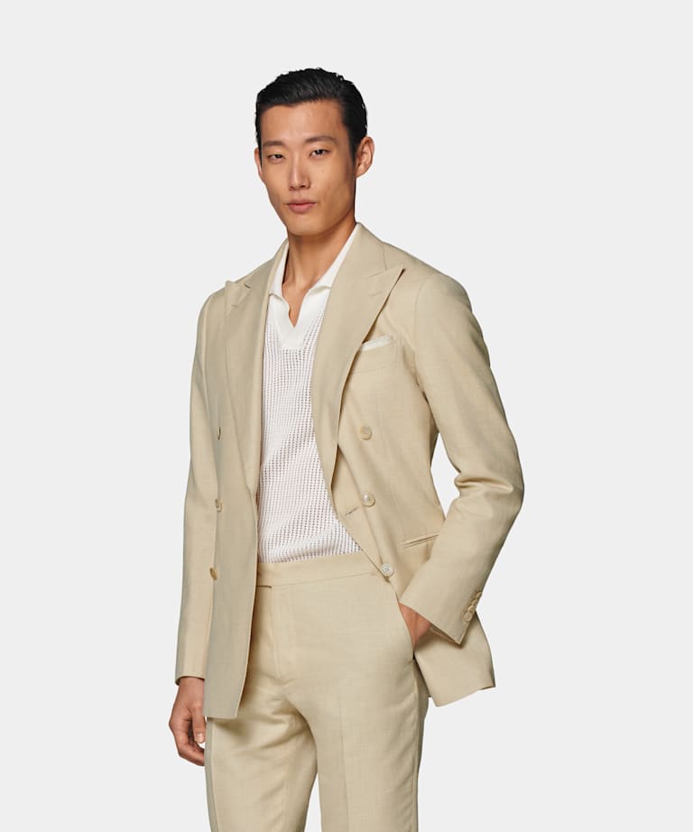 SUITSUPPLY Summer Wool Silk Linen by E.Thomas, Italy Sand Tailored Fit Havana Suit