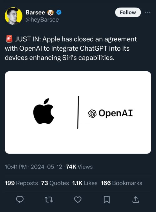 Apple and OpenAI closing an agremeent to bring ChatGPT features in iOS 18 and Siri