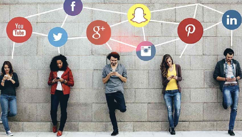 Image of people interacting with their cell phones with the social network logos above