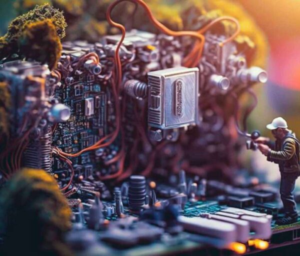 Two technician figurine doing maintenance on a biocomputer motherboard