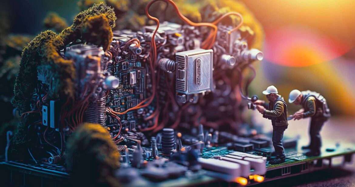 Two technician figurine doing maintenance on a biocomputer motherboard