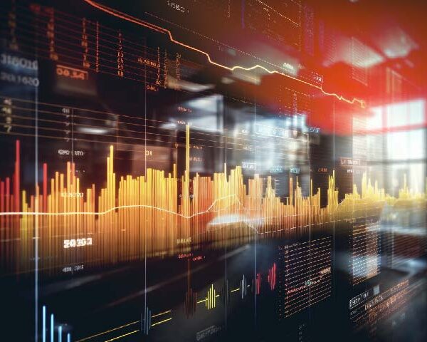 Close-up of a digital screen displaying financial stock market data with graphs and analytics, illustrating market trends and investment analysis