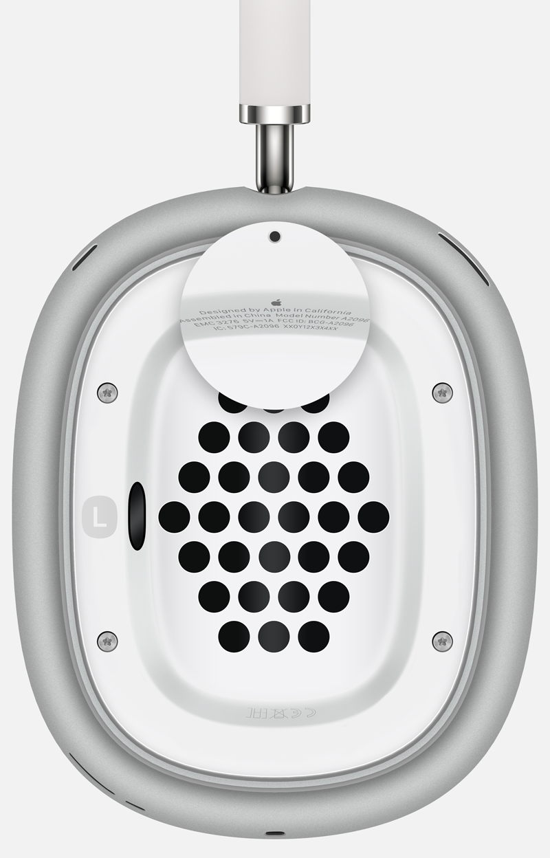 Location of the model number on AirPods Max. The model number is printed on the left ear cup behind the cushion.