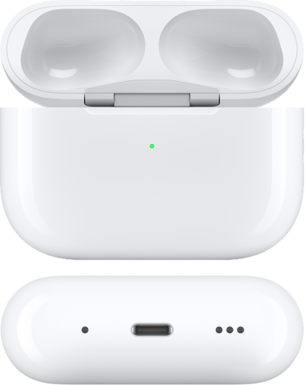 MagSafe Charging Case (Lightning) for AirPods Pro 2 with lid open and AirPods removed, viewed from the front and bottom.