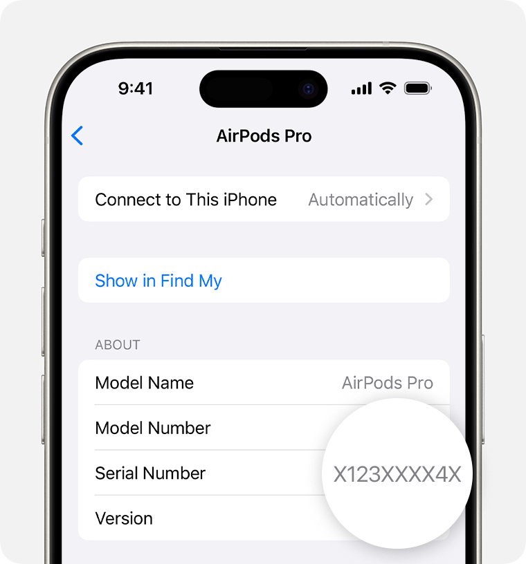 AirPods Pro serial number listed in Settings on iPhone.