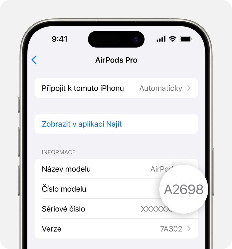 Číslo modelu AirPods Pro, A2698, uvedené v Nastaveních na iPhonu.