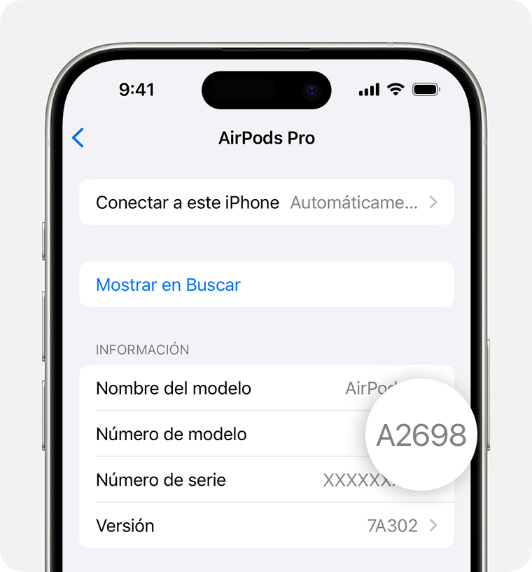 Los ajustes del iPhone muestran el número de modelo de los AirPods Pro, A2698.