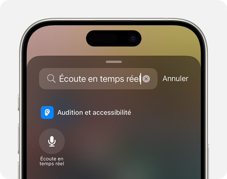 Recherche d’« Écoute en temps réel » dans le centre de contrôle sur iPhone.