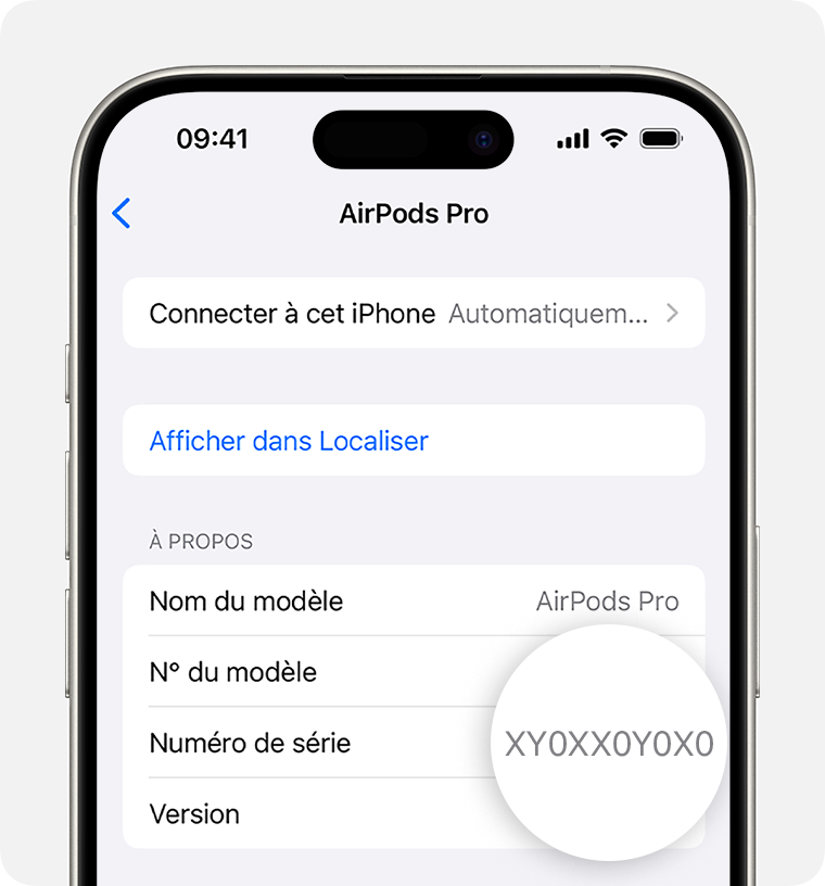 Numéro de série d’AirPods Pro indiqué dans Réglages sur un iPhone.