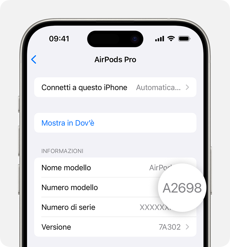 Numero di modello degli AirPods Pro, A2698, mostrato in Impostazioni su iPhone.