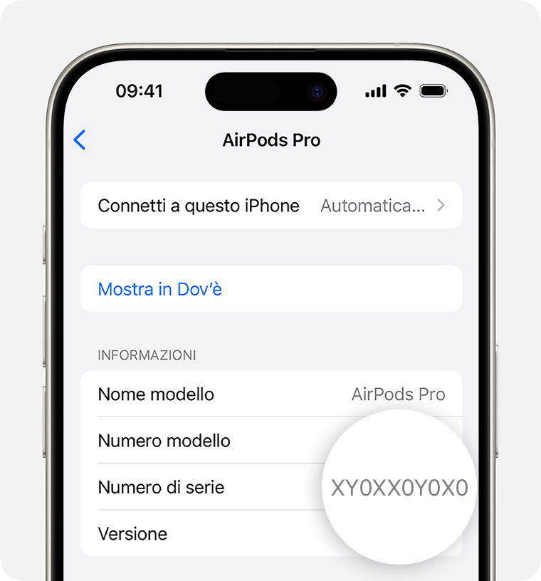 Numero di serie degli AirPods Pro mostrato in Impostazioni su iPhone.