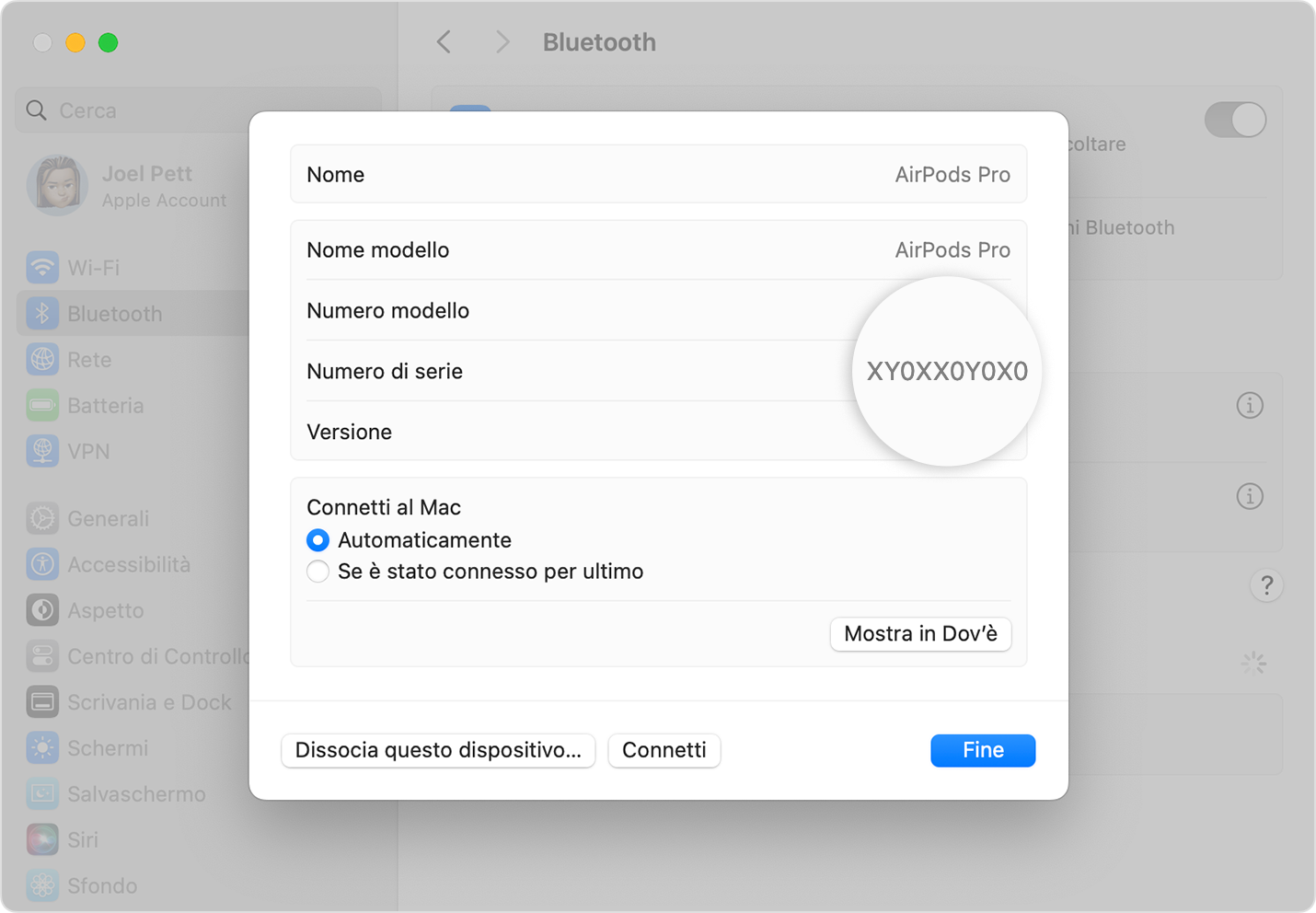 Numero di serie degli AirPods Pro mostrato in Impostazioni di Sistema su macOS