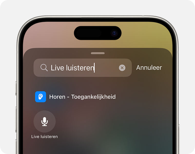 Zoeken naar 'Live luisteren' in het bedieningspaneel op de iPhone.