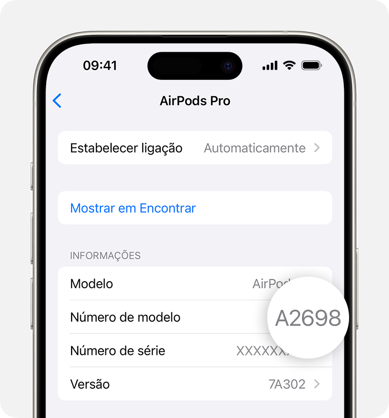 Número de modelo dos AirPods Pro, A2698, indicado nas Definições do iPhone.