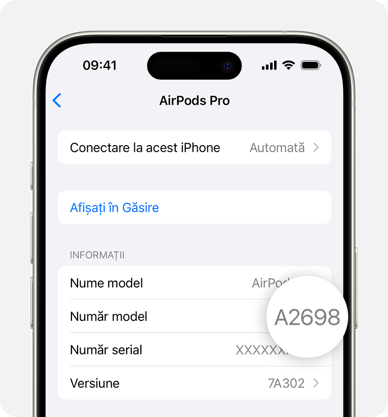 Numărul de model al căștilor AirPods Pro, A2698, indicat în Configurări pe iPhone.