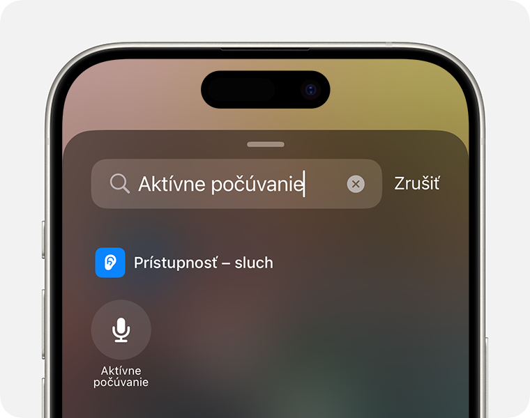 Hľadanie textu „Aktívne počúvanie“ v ovládacom centre na iPhone.