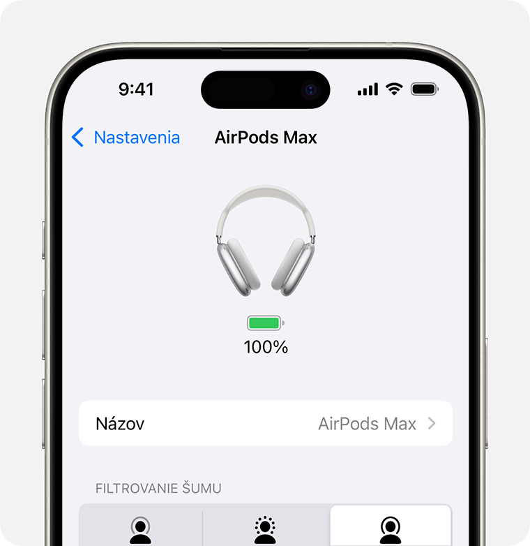 Úroveň nabitia batérie slúchadiel AirPods Max v apke Nastavenia na iPhone.