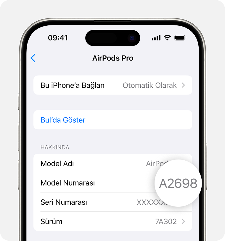 iPhone'da Ayarlar bölümünde listelenen AirPods Pro model numarası A2698.