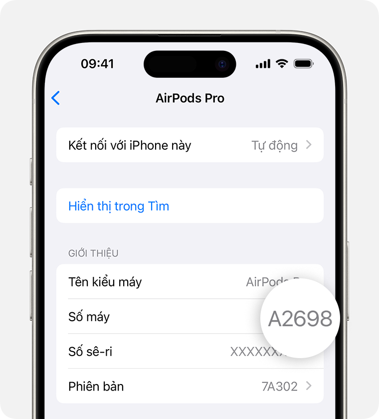 Số kiểu máy của AirPods Pro, A2698, được liệt kê trong phần Cài đặt trên iPhone.