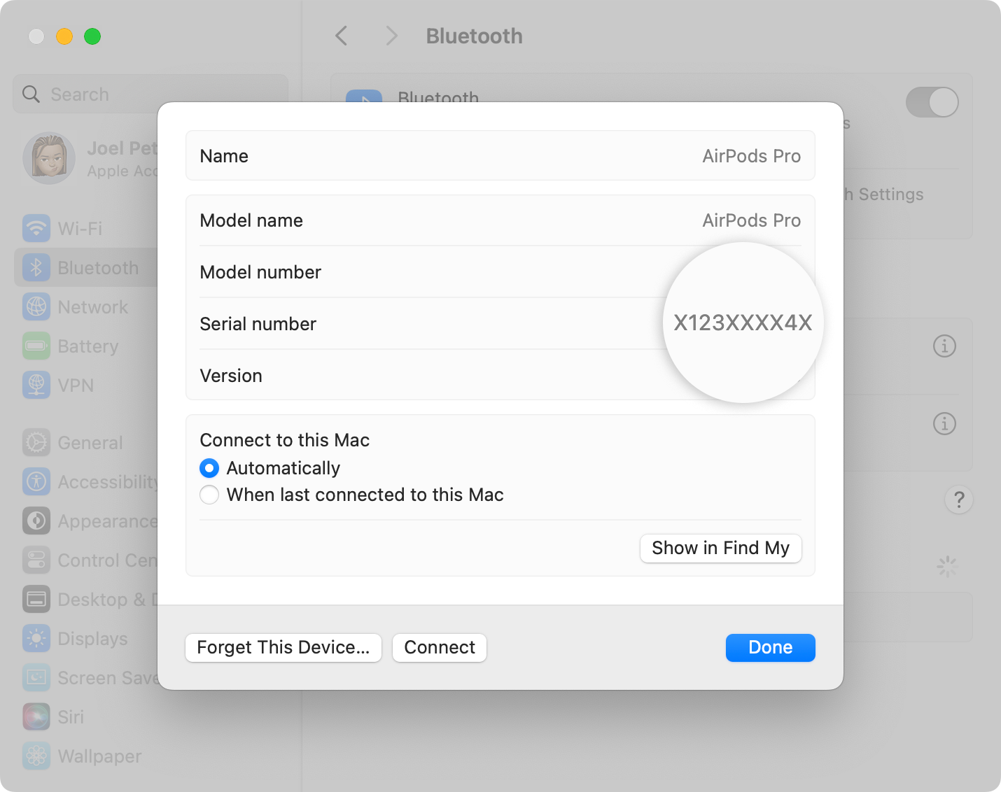 AirPods Pro serial number shown in macOS System Settings