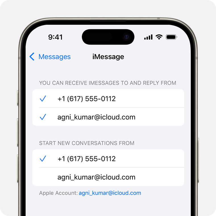 iPhone displaying the iMessage settings screen with options to select which phone number or email address you’d like to use to receive iMessages, reply to iMessages and start new conversations.