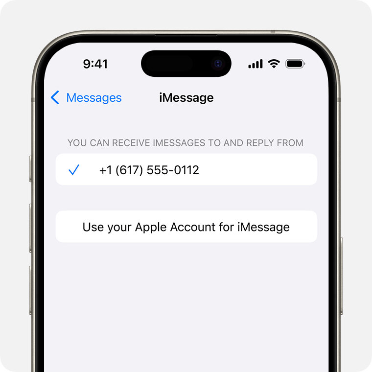 iPhone displaying the iMessage settings screen. At the bottom, there’s a Use your Apple Account for iMessage button that you can tap to use your Apple Account to send and receive iMessages.