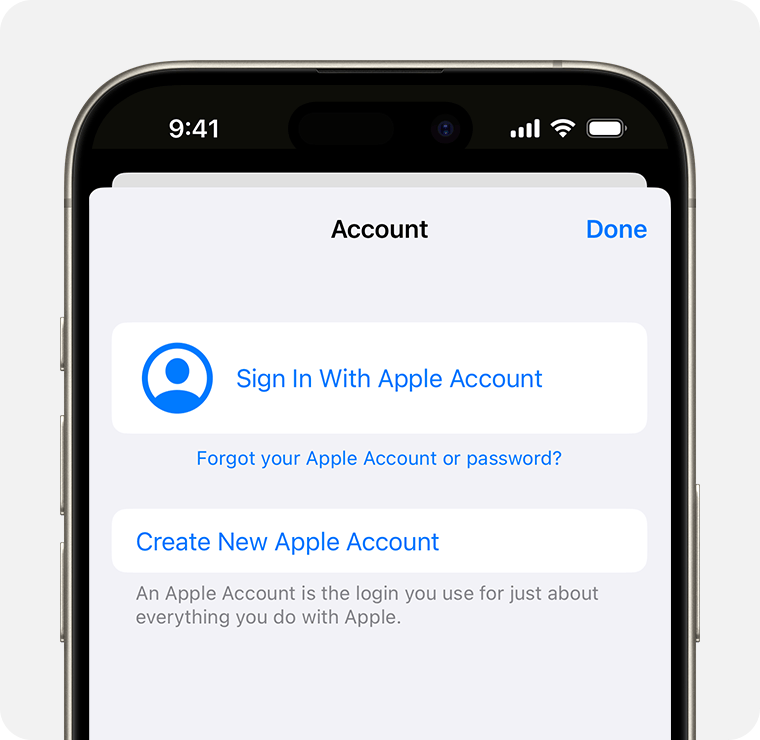 iPhone screen showing the option to Create New Apple Account