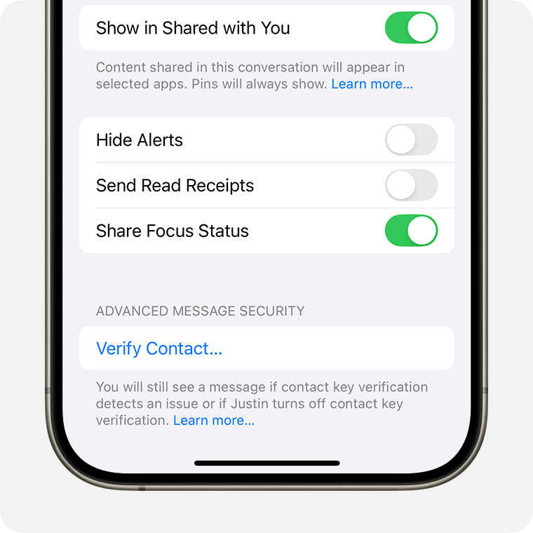 Tap Verify Contact... to make sure that you're texting with the person that you intend.