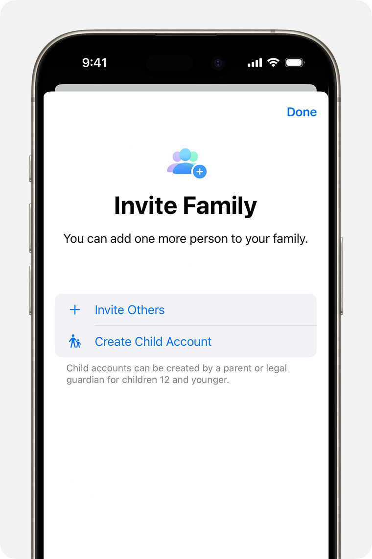 iPhone showing a Family Sharing invitation, including the option to Create Child Account