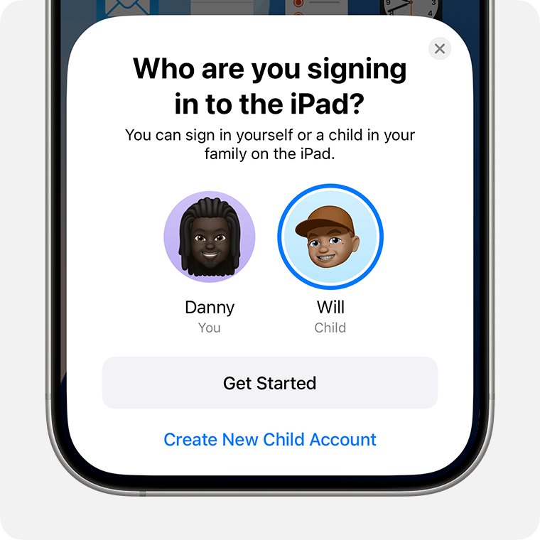 Dans l’écran « Qui voulez-vous connecter à cet iPad », vous pouvez choisir de vous connecter vous-même, de connecter un enfant, ou sélectionner Créer un compte Enfant. 