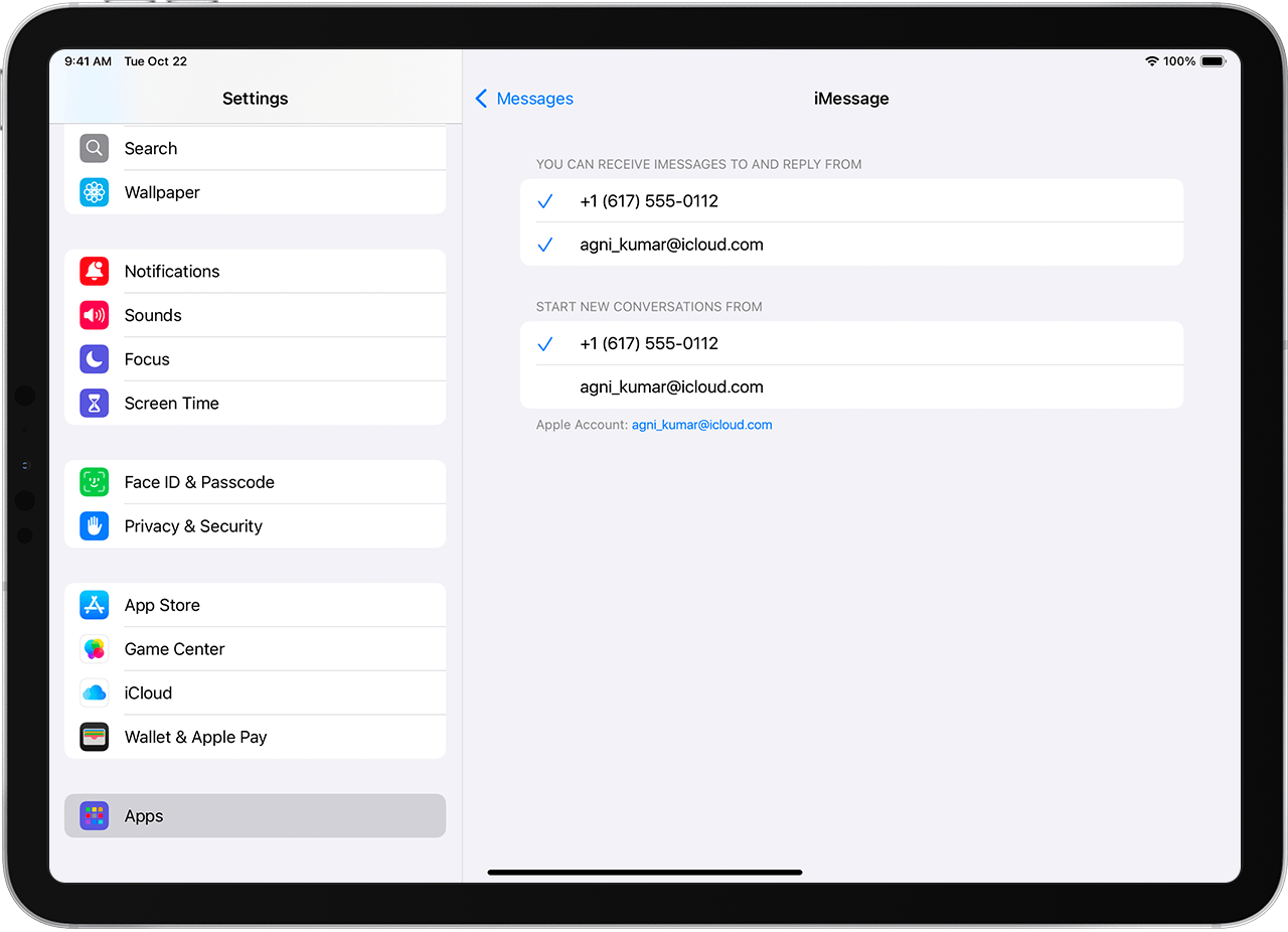 iPad displaying the iMessage settings screen with options to select which phone number or email address you’d like to use to receive iMessages, reply to iMessages and start new conversations.