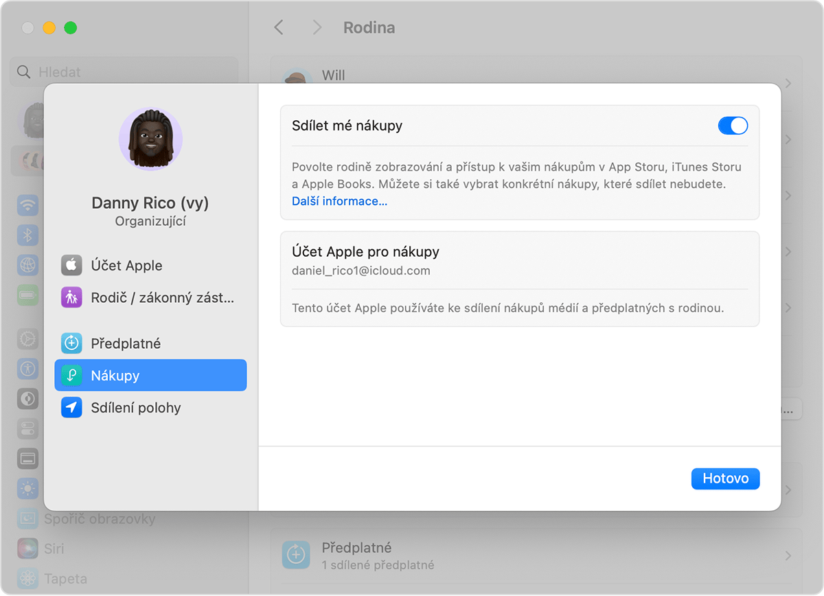 Obrazovka Macu udávající, jak zapnout možnost Sdílet mé nákupy.