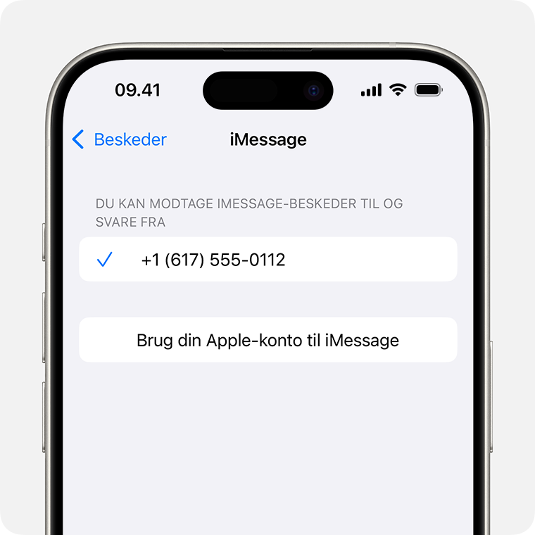 iPhone, der viser skærmen med iMessage-indstillinger. Nederst kan du se knappen Brug din Apple-konto til iMessage, som du kan trykke på for at bruge din Apple-konto til at sende og modtage iMessage-beskeder.