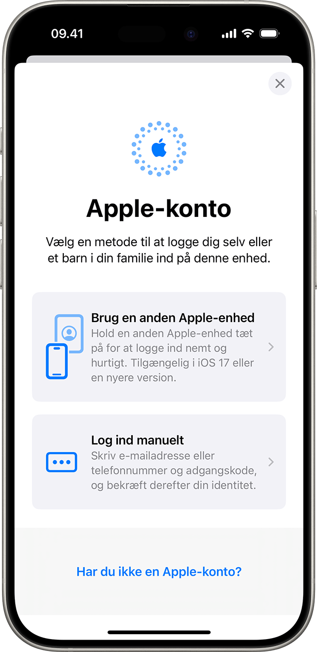 I iPhone-indstillinger kan du logge ind manuelt med din Apple-konto eller bruge en anden Apple-enhed.