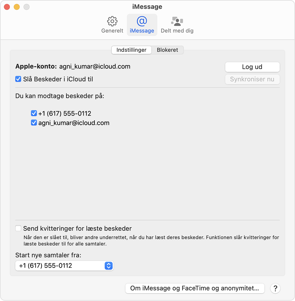 Skærmen med iMessage-indstillinger på en Mac med mulighed for at vælge, hvilket telefonnummer eller hvilken e-mailadresse du vil bruge til at modtage iMessage-beskeder og starte nye samtaler.