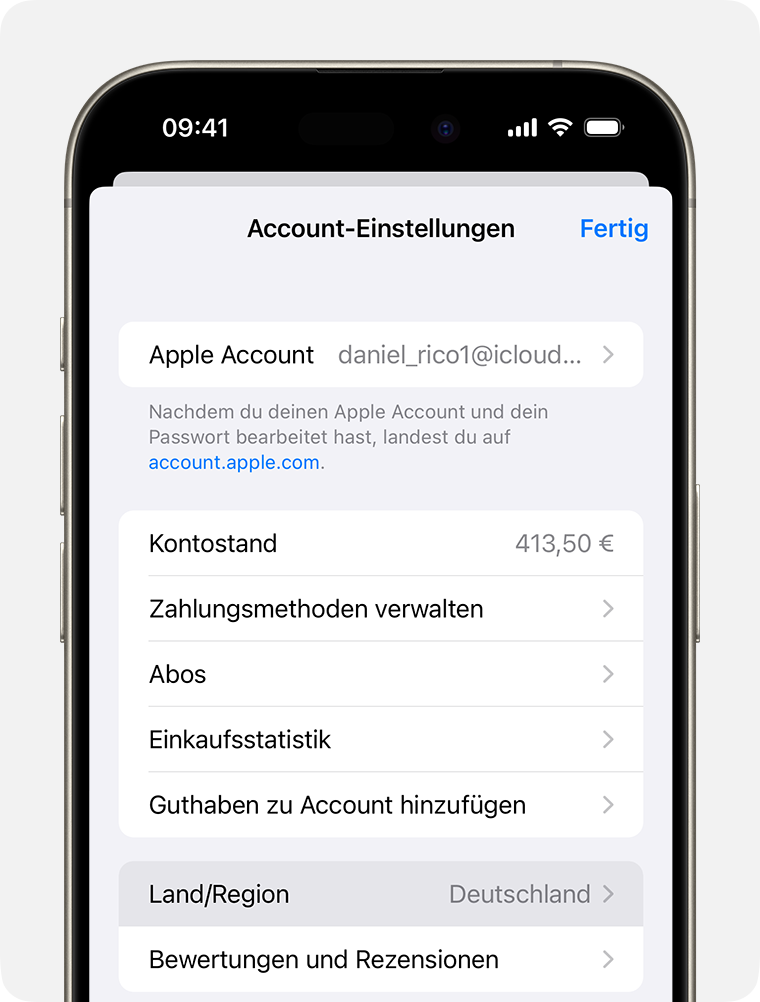 iPhone mit Land/Region in den Accounteinstellungen